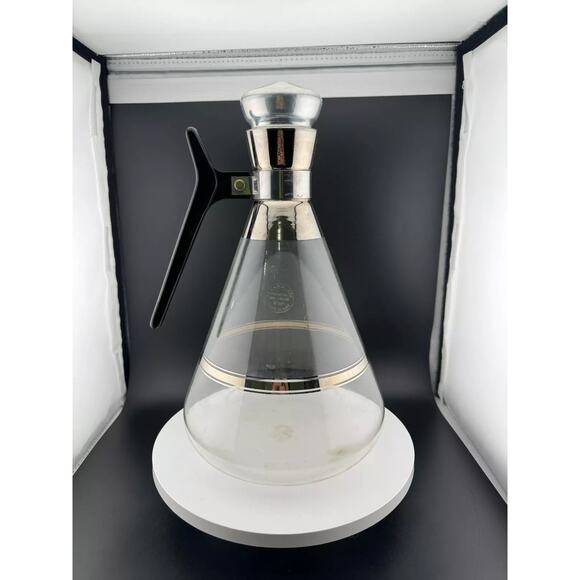 Vintage Atomic Inland Glass Coffee Carafe Silver Stripes W/Cork Stopper Top MCM - Picture 3 of 6